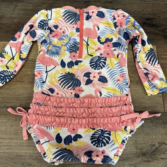 Ruffle Butts Girl’s 18-23 Months UPF 50+ Zip One Piece Swimsuit Flamingos Floral - Picture 5 of 5